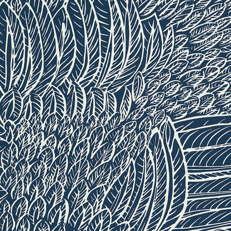 Featherfest wallpaper in Marine by Schumacher, featuring a graphic play of stylized feathers in a bold, modern design.