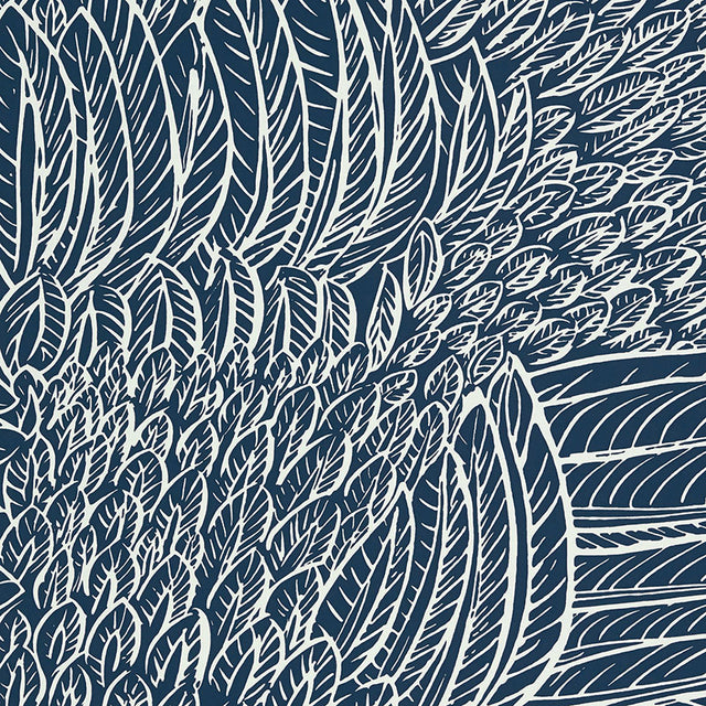 Featherfest wallpaper in Marine by Schumacher, featuring a graphic play of stylized feathers in a bold, modern design.