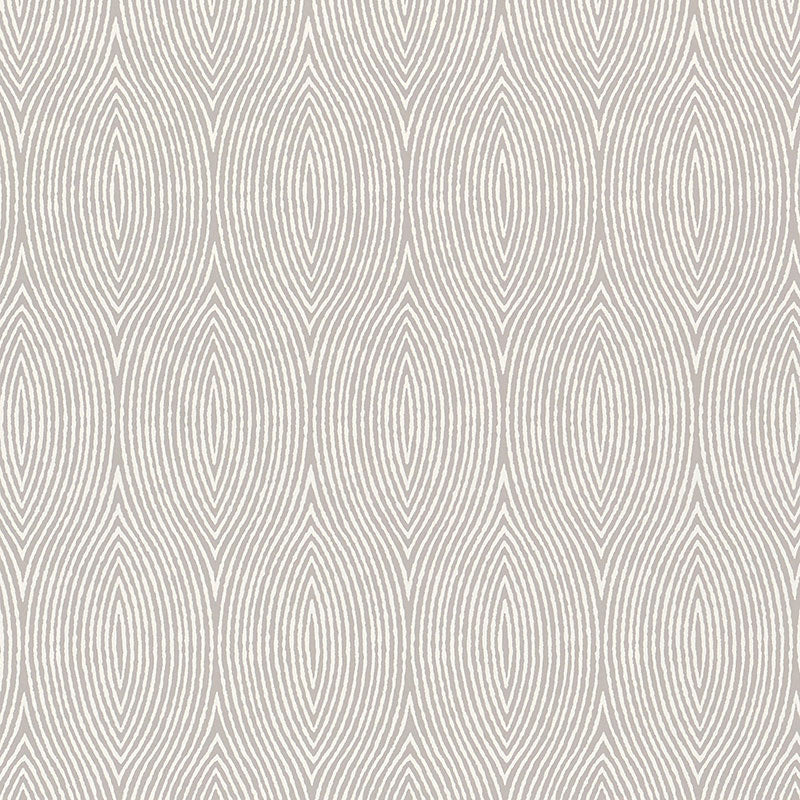 Bark Fog wallpaper by Schumacher featuring graphic concentric wood grain ogee pattern in neutral tones