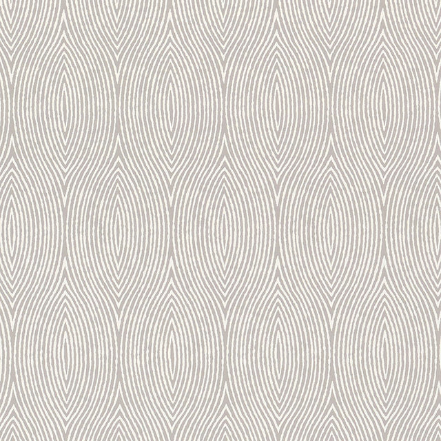 Bark Fog wallpaper by Schumacher featuring graphic concentric wood grain ogee pattern in neutral tones