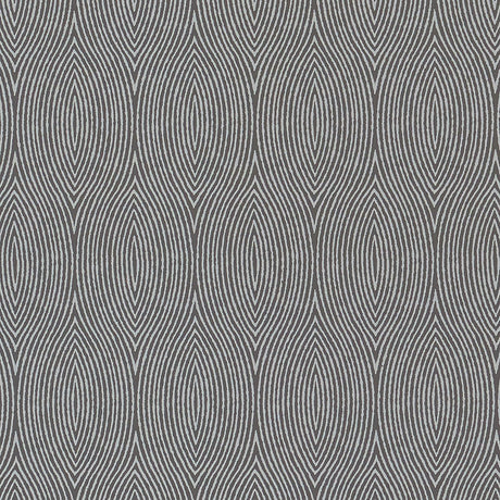 Bark Slate wallpaper by Schumacher featuring graphic concentric ogee wood grain pattern in grey tones.