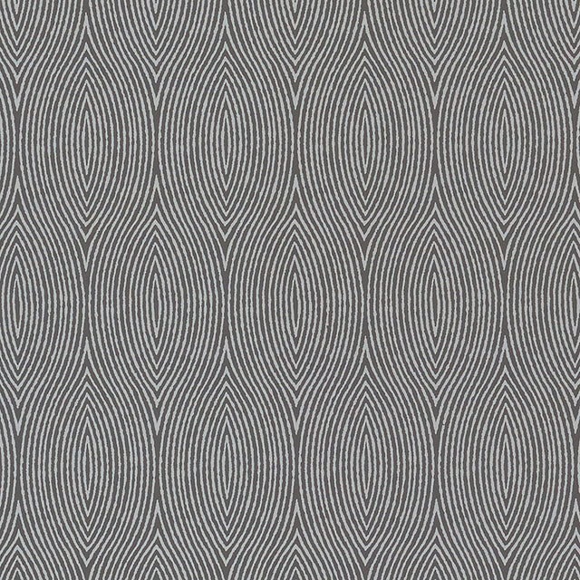 Bark Slate wallpaper by Schumacher featuring graphic concentric ogee wood grain pattern in grey tones.