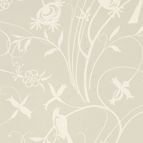 Sky Meadow wallpaper in Linen by Schumacher featuring birds, blossoms, and vines in a neutral colorway.