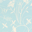 Sky Meadow wallpaper in light blue with white birds, blossoms, and vines, inspired by a 1960s mod print.