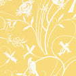 Yellow wallpaper with white graphic birds, blossoms, and swaying vines from Schumacher's Sky Meadow collection.
