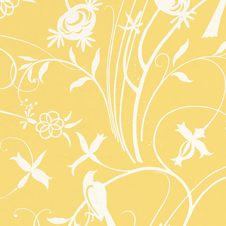 Yellow wallpaper with white graphic birds, blossoms, and swaying vines from Schumacher's Sky Meadow collection.