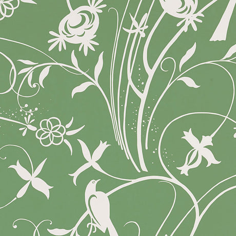 Sky Meadow green wallpaper with white birds, blossoms, and swaying vines in a graphic 1960s-inspired pattern.