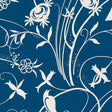 Sky Meadow wallpaper in blue with white graphic birds, blossoms, and vines by Schumacher