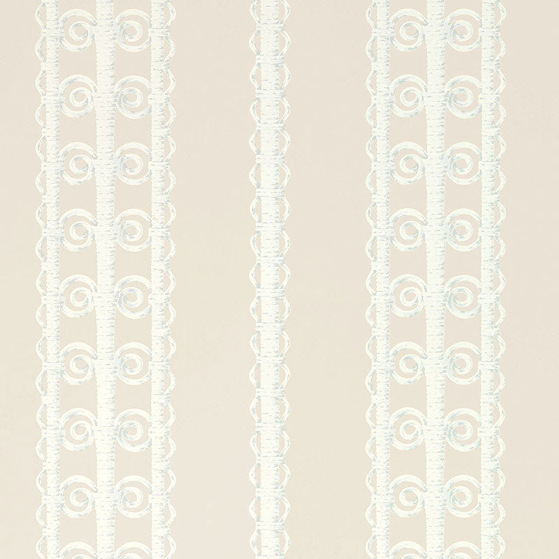 Wicker Stripe wallpaper in Reed by Schumacher, featuring a vertical stripe pattern reminiscent of woven wicker, shown in a styled bedroom interior.