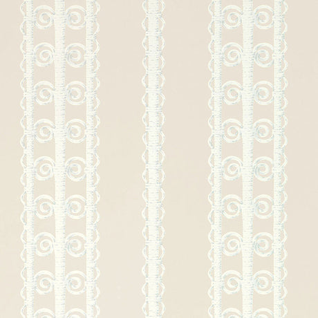Wicker Stripe wallpaper in Reed by Schumacher, featuring a vertical stripe pattern reminiscent of woven wicker, shown in a styled bedroom interior.