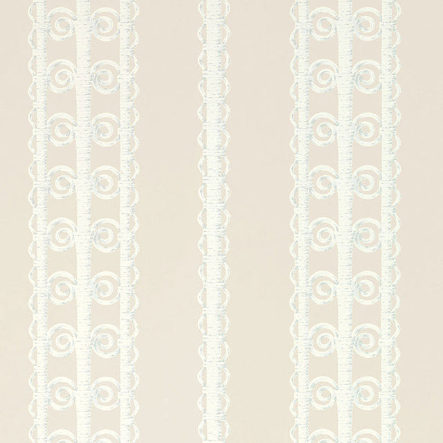 Wicker Stripe wallpaper in Reed by Schumacher, featuring a vertical stripe pattern reminiscent of woven wicker, shown in a styled bedroom interior.