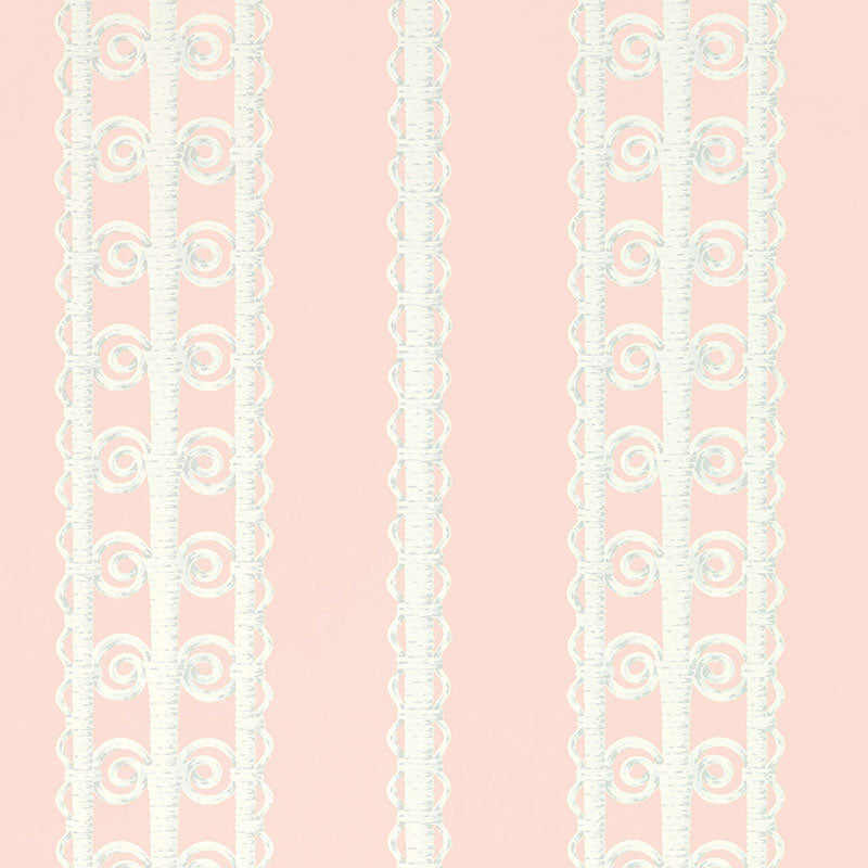 Wicker Stripe wallpaper in Frangipani by Schumacher, featuring a decorative stripe pattern inspired by wickerwork, shown in a pastel colorway.