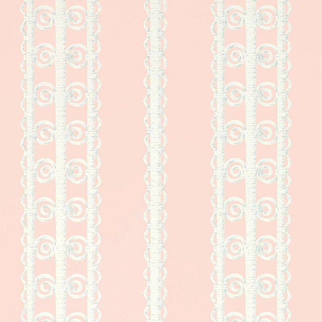Wicker Stripe wallpaper in Frangipani by Schumacher, featuring a decorative stripe pattern inspired by wickerwork, shown in a pastel colorway.