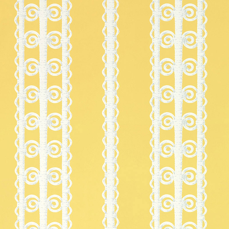 Wicker Stripe wallpaper in Lemon Blossom by Schumacher, featuring a yellow background with white wicker-inspired vertical stripes. Shown in a styled bedroom interior.