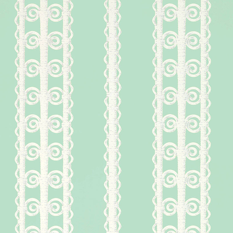 Wicker Stripe wallpaper in Lovely Day by Schumacher, featuring a whimsical stripe pattern with a lacy, wicker-inspired design in a fresh pastel colorway.