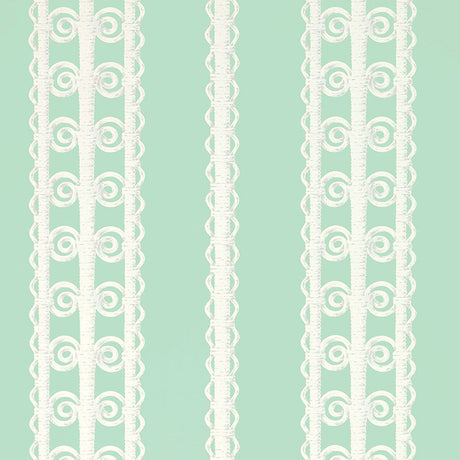 Wicker Stripe wallpaper in Lovely Day by Schumacher, featuring a whimsical stripe pattern with a lacy, wicker-inspired design in a fresh pastel colorway.