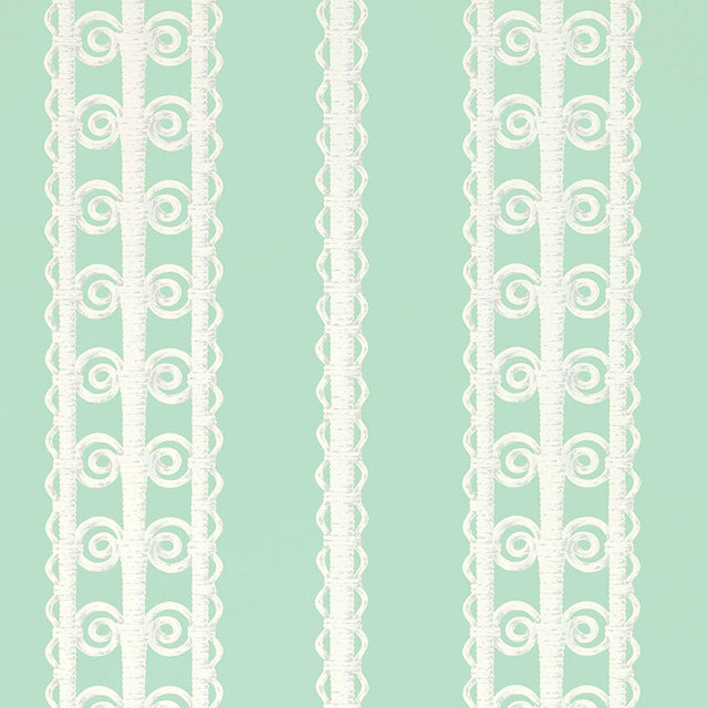 Wicker Stripe wallpaper in Lovely Day by Schumacher, featuring a whimsical stripe pattern with a lacy, wicker-inspired design in a fresh pastel colorway.