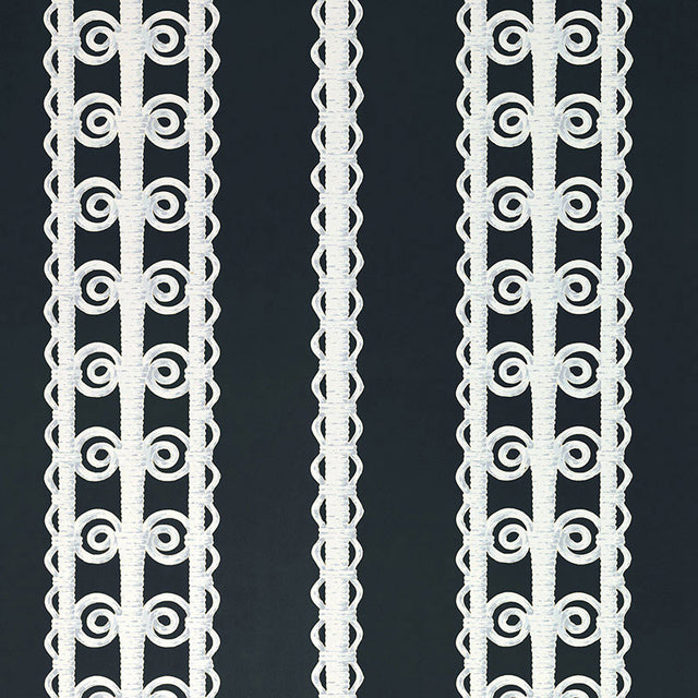 Wicker Stripe wallpaper in Licorice by Schumacher, featuring a bold vertical stripe pattern with a lace-like motif.