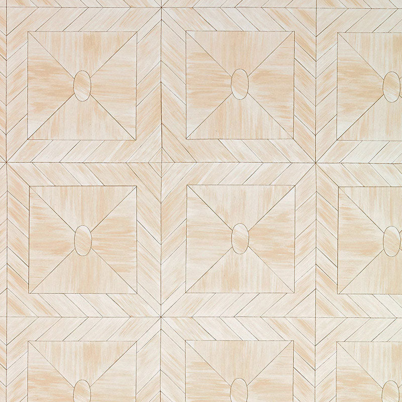 Bone Frame wallpaper in Natural by Celerie Kemble for Schumacher, featuring a geometric bone inlay-inspired pattern in neutral tones.