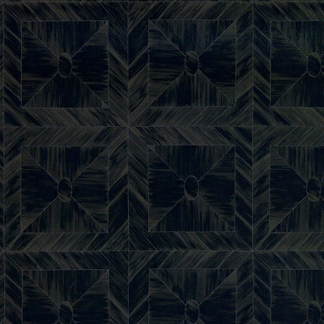 Bone Frame wallpaper in CHAR by Schumacher, designed by Celerie Kemble. Features a geometric bone inlay-inspired pattern in dark tones.