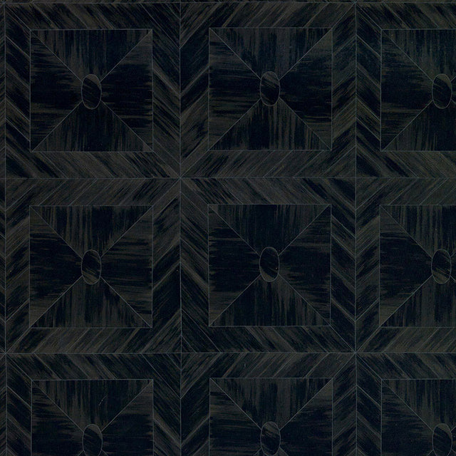 Bone Frame wallpaper in CHAR by Schumacher, designed by Celerie Kemble. Features a geometric bone inlay-inspired pattern in dark tones.