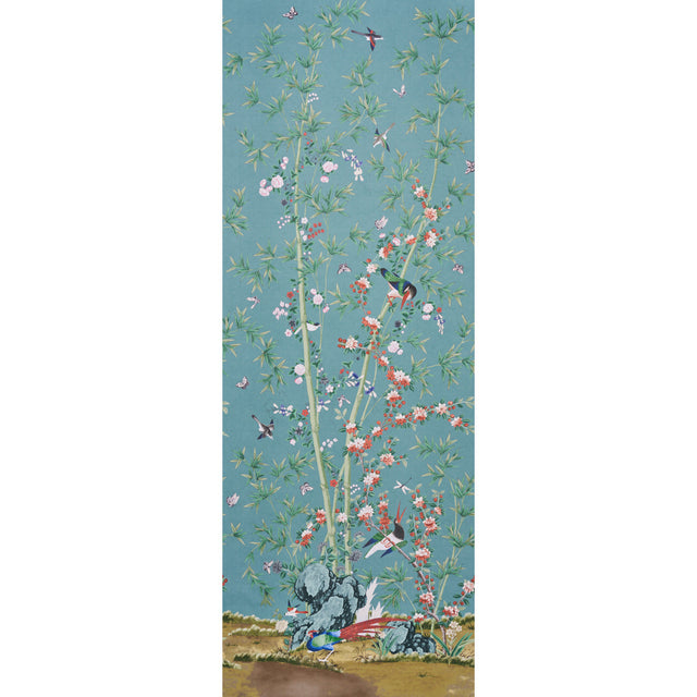Brighton Pavilion Panel wallpaper by Miles Redd for Schumacher, featuring a scenic botanical and bird motif in multi colors.