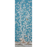 Brighton Pavilion Panel wallpaper in Peacock by Miles Redd for Schumacher, featuring a scenic botanical and bird motif on a blue background.