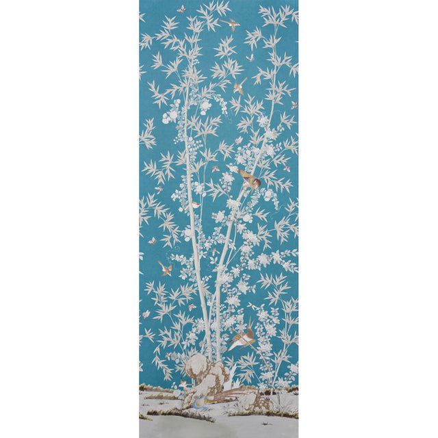 Brighton Pavilion Panel wallpaper in Peacock by Miles Redd for Schumacher, featuring a scenic botanical and bird motif on a blue background.