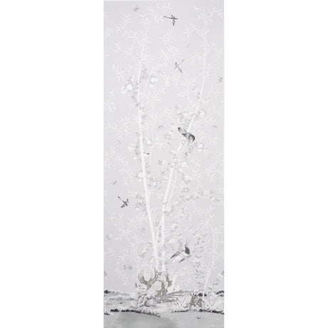 Brighton Pavilion Panel wallpaper by Miles Redd for Schumacher, black and white scenic panel with birds, bamboo, and floral motifs.