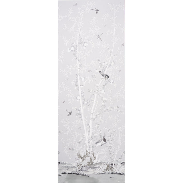 Brighton Pavilion Panel wallpaper by Miles Redd for Schumacher, black and white scenic panel with birds, bamboo, and floral motifs.