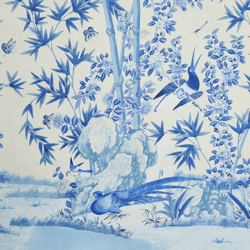 Brighton Pavilion Panel Blue Botanical Bird Wallpaper – Schumacher 5007744