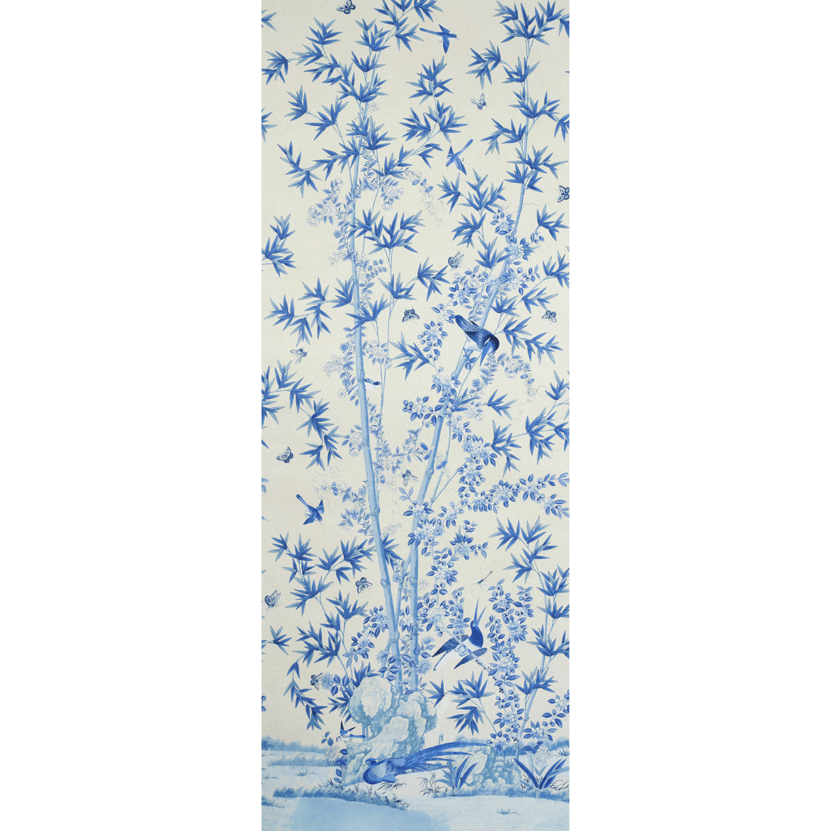 Brighton Pavilion Panel wallpaper in blue featuring a scenic botanical and bird design by Schumacher.