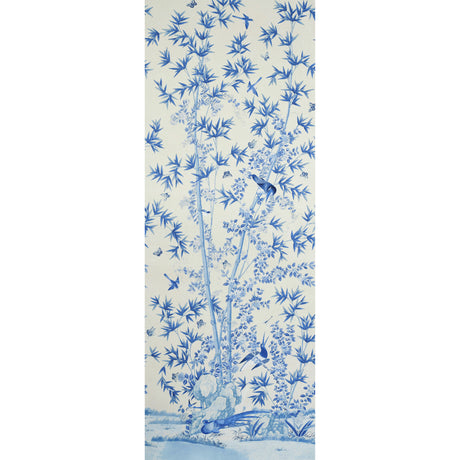 Brighton Pavilion Panel wallpaper in blue featuring a scenic botanical and bird design by Schumacher.