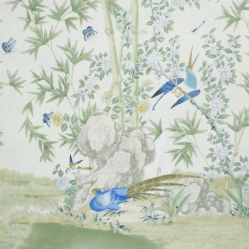 Brighton Pavilion Panel Green Botanical Bird Wallpaper – Schumacher 5007745