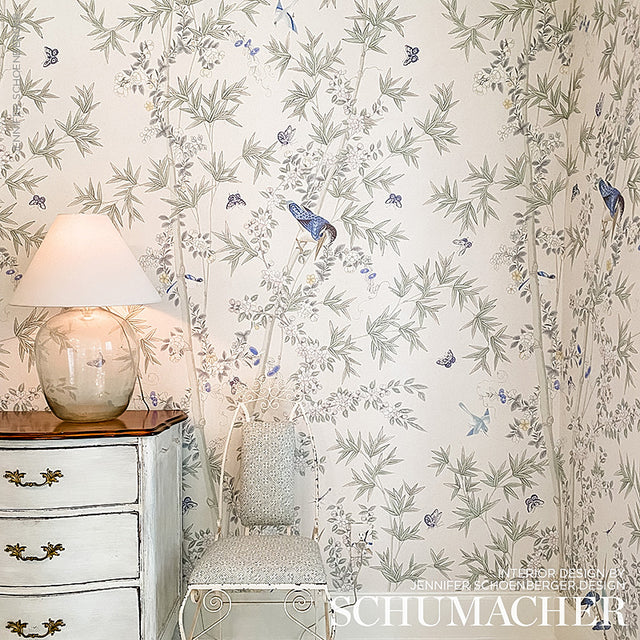Brighton Pavilion Panel Green Botanical Bird Wallpaper – Schumacher 5007745