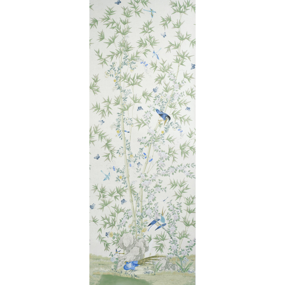 Brighton Pavilion Panel wallpaper in green by Schumacher, featuring a scenic botanical and bird motif inspired by an 18th-century document.