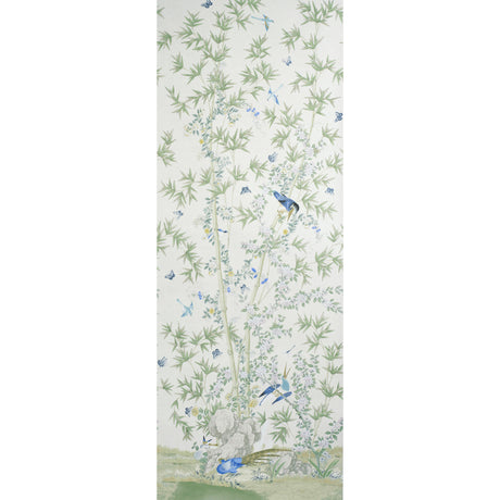 Brighton Pavilion Panel wallpaper in green by Schumacher, featuring a scenic botanical and bird motif inspired by an 18th-century document.