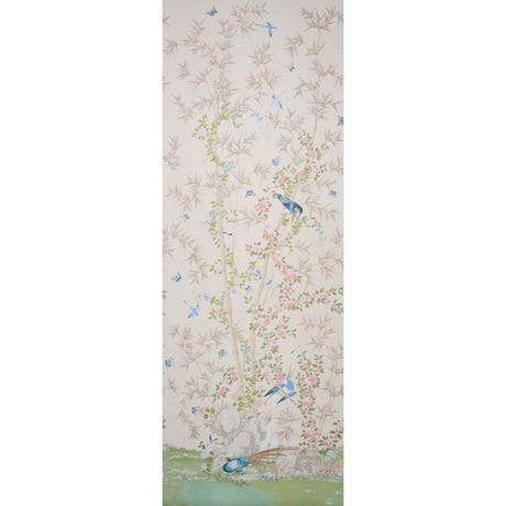 Brighton Pavilion Panel wallpaper in alabaster by Miles Redd for Schumacher, featuring birds, bamboo, and floral motifs in a scenic Chinoiserie style.