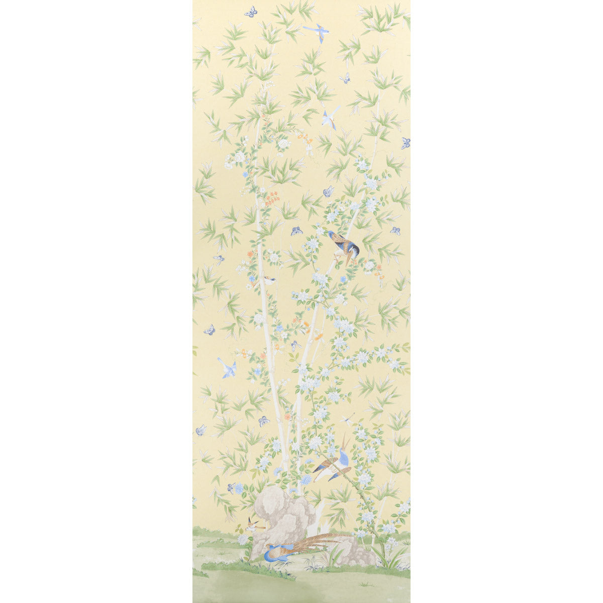 Brighton Pavilion Panel wallpaper in yellow by Miles Redd for Schumacher, featuring a scenic botanical and bird motif.