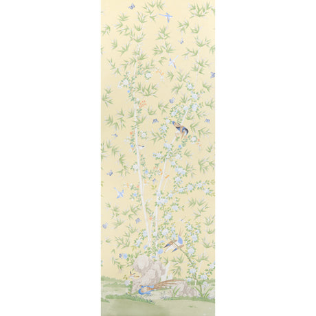 Brighton Pavilion Panel wallpaper in yellow by Miles Redd for Schumacher, featuring a scenic botanical and bird motif.