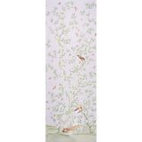 Brighton Pavilion Panel in lilac by Miles Redd for Schumacher, featuring birds, bamboo, and floral motifs on a soft purple background.