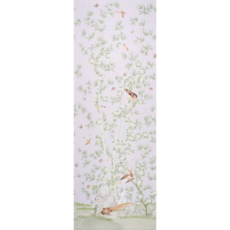 Brighton Pavilion Panel in lilac by Miles Redd for Schumacher, featuring birds, bamboo, and floral motifs on a soft purple background.