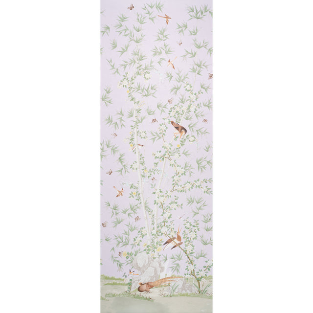 Brighton Pavilion Panel in lilac by Miles Redd for Schumacher, featuring birds, bamboo, and floral motifs on a soft purple background.