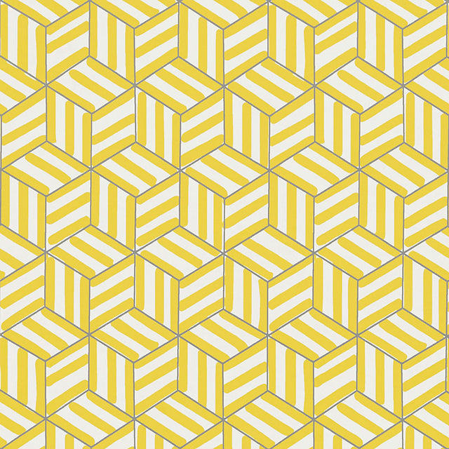 TUMBLING BLOCKS wallpaper in citron yellow by Schumacher, geometric hand-drawn pattern by Miles Redd