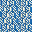 TUMBLING BLOCKS cobalt blue geometric wallpaper by Schumacher shown in various interior settings, including bedroom and bathroom installations.