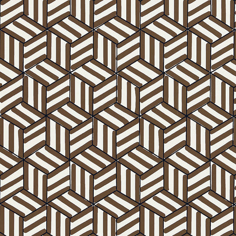 TUMBLING BLOCKS geometric chocolate brown and white wallpaper by Schumacher shown in a bathroom interior and close-up pattern view.