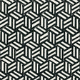 TUMBLING BLOCKS black and white geometric wallpaper by Schumacher, shown in a bathroom interior and as a pattern close-up.