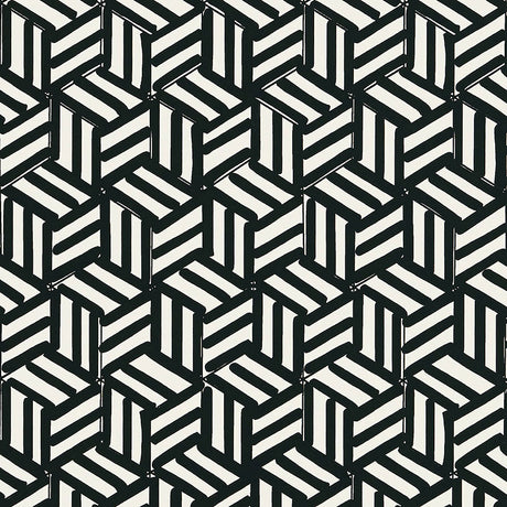 TUMBLING BLOCKS black and white geometric wallpaper by Schumacher, shown in a bathroom interior and as a pattern close-up.