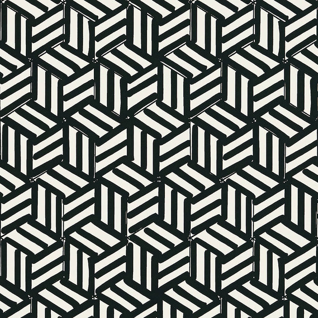 TUMBLING BLOCKS black and white geometric wallpaper by Schumacher, shown in a bathroom interior and as a pattern close-up.