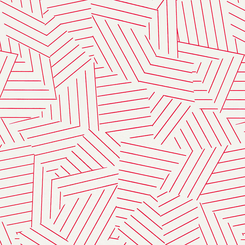 Deconstructed Stripe wallpaper in red by Schumacher, featuring an abstract geometric stripe pattern on a light background.